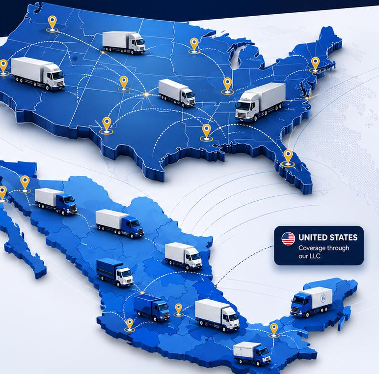Mapa de cobertura de 3E Logistics en México y Estados Unidos con rutas de transporte