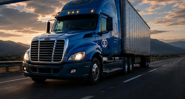 Camión de 3E Logistics en carretera al atardecer
